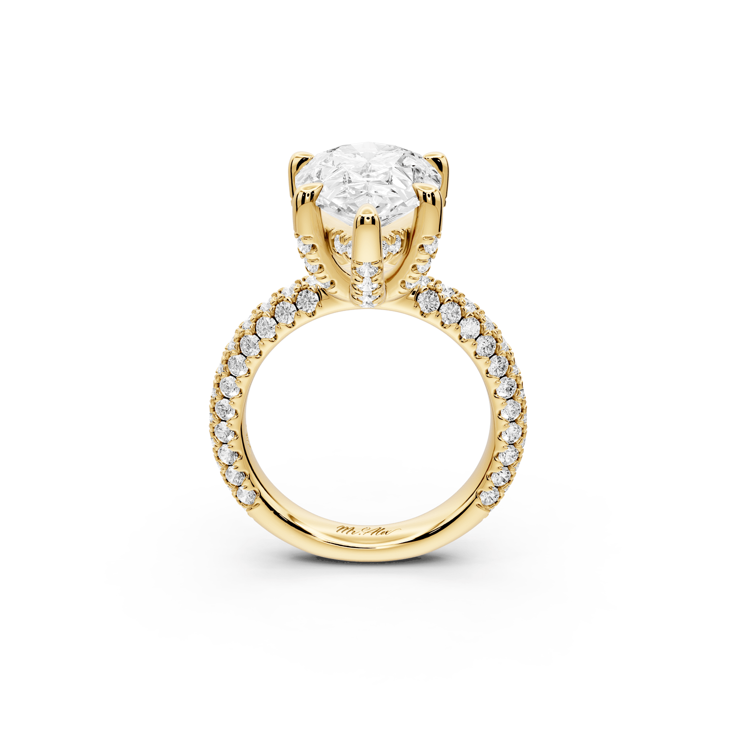 Emilia - 5ct 18k yellow gold pear Hidden Halo Diamond Crown Rollover Pavé Engagement Ring - Mr. Alex Jewelry
