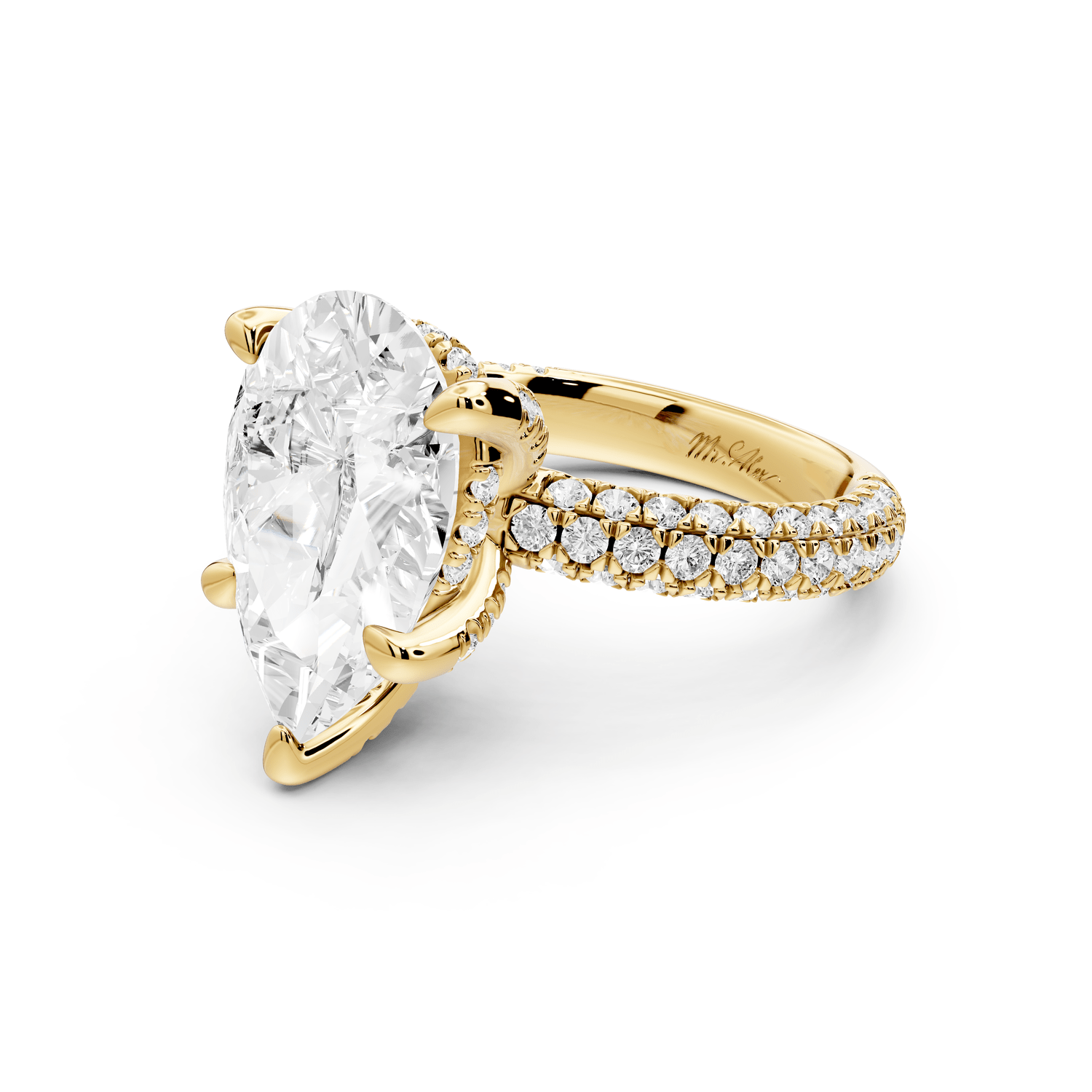 Emilia - 5ct 18k yellow gold pear Hidden Halo Diamond Crown Rollover Pavé Engagement Ring - Mr. Alex Jewelry