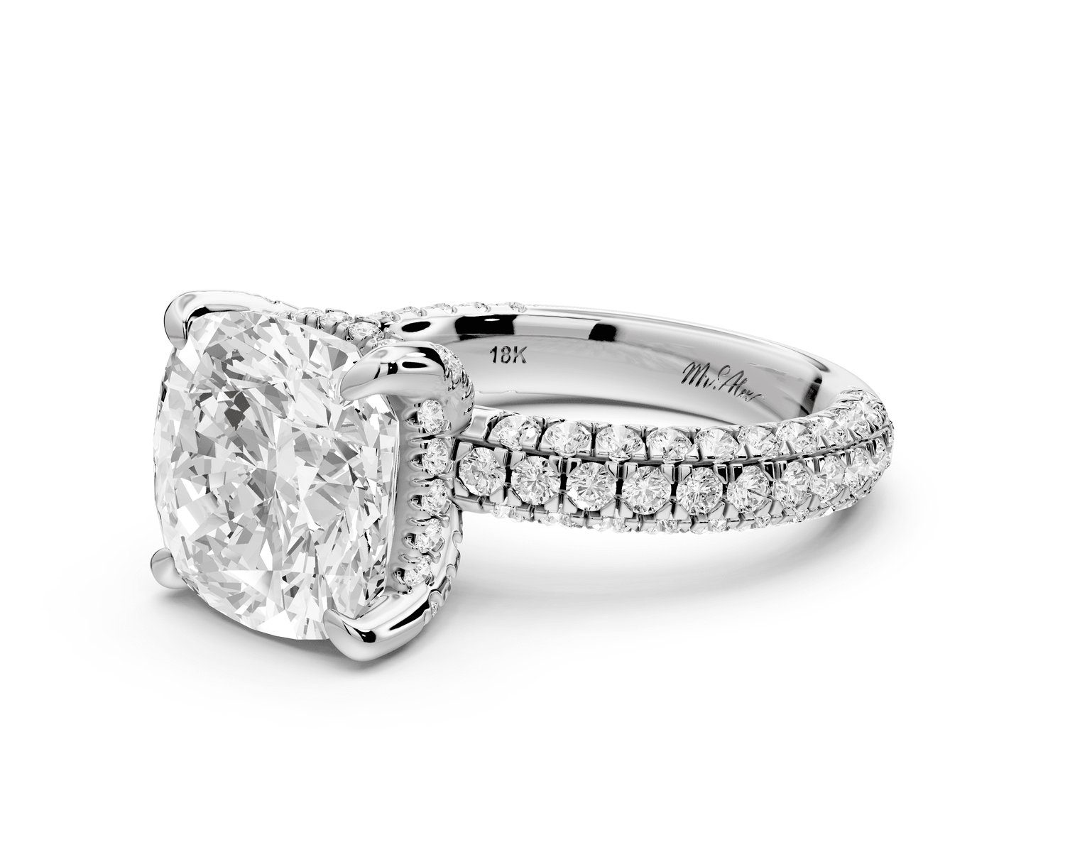 Emilia - 5ct platinum cushion Hidden Halo Diamond Crown Rollover Pavé Engagement Ring - Mr. Alex Jewelry
