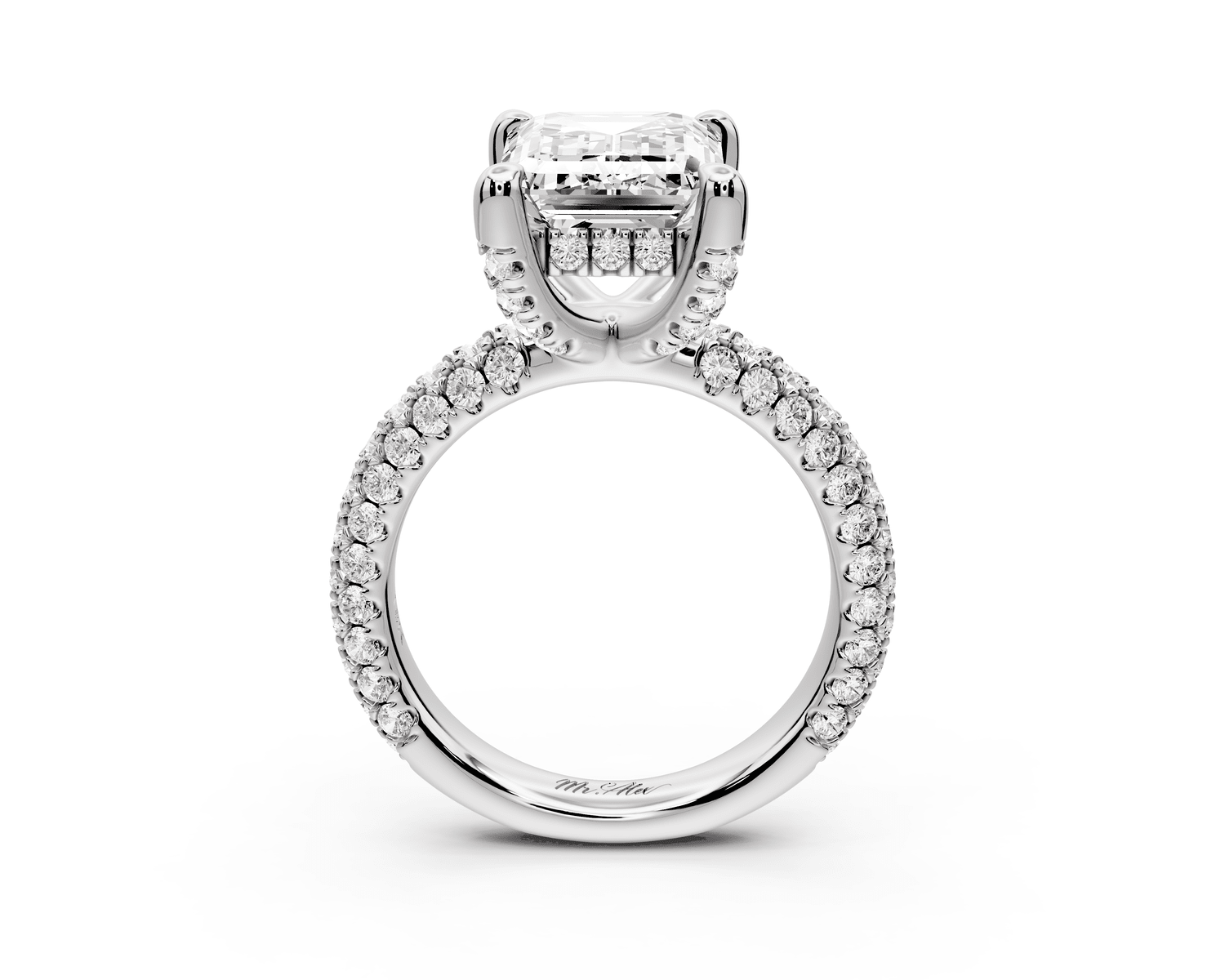 Emilia - 5ct platinum emerald Hidden Halo Diamond Crown Rollover Pavé Engagement Ring - Mr. Alex Jewelry