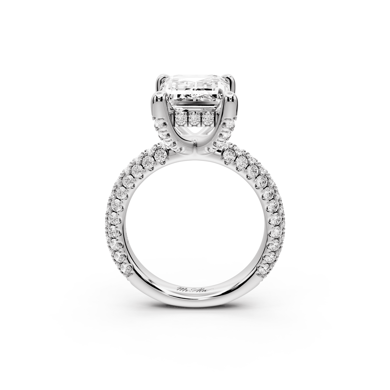 Emilia - 5ct platinum emerald Hidden Halo Diamond Crown Rollover Pavé Engagement Ring - Mr. Alex Jewelry