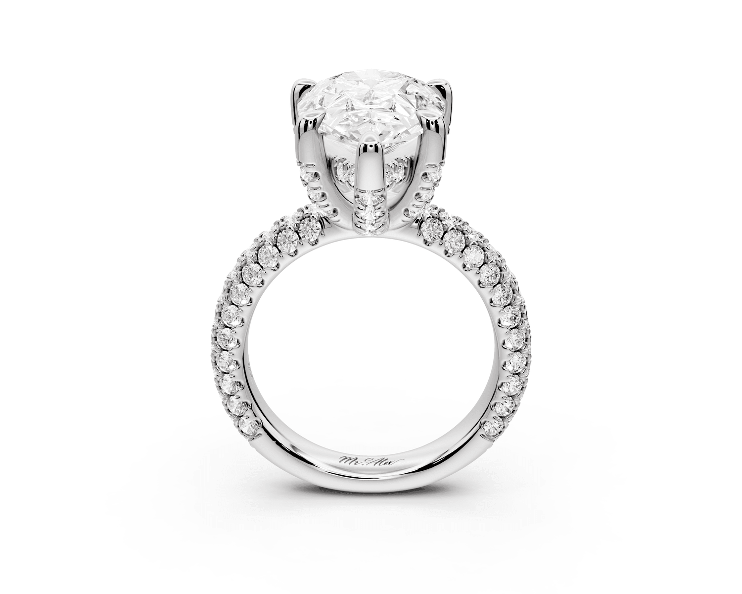 Emilia - 5ct platinum pear Hidden Halo Diamond Crown Rollover Pavé Engagement Ring - Mr. Alex Jewelry