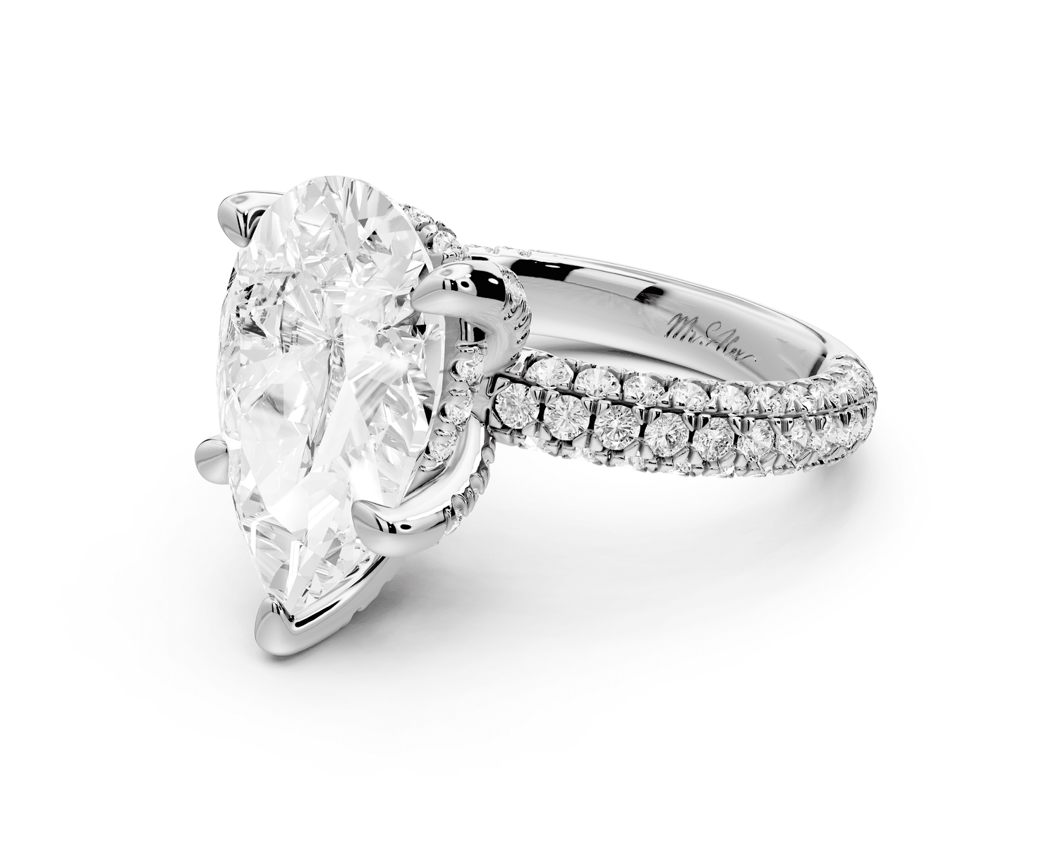 Emilia - 5ct platinum pear Hidden Halo Diamond Crown Rollover Pavé Engagement Ring - Mr. Alex Jewelry