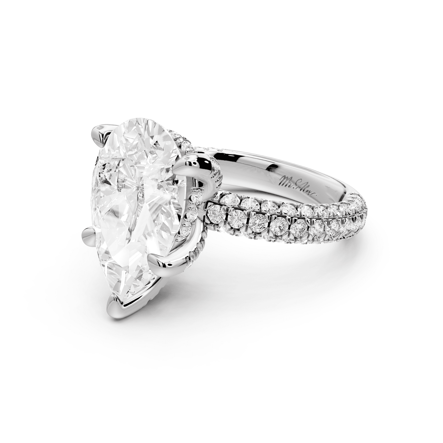 Emilia - 5ct platinum pear Hidden Halo Diamond Crown Rollover Pavé Engagement Ring - Mr. Alex Jewelry