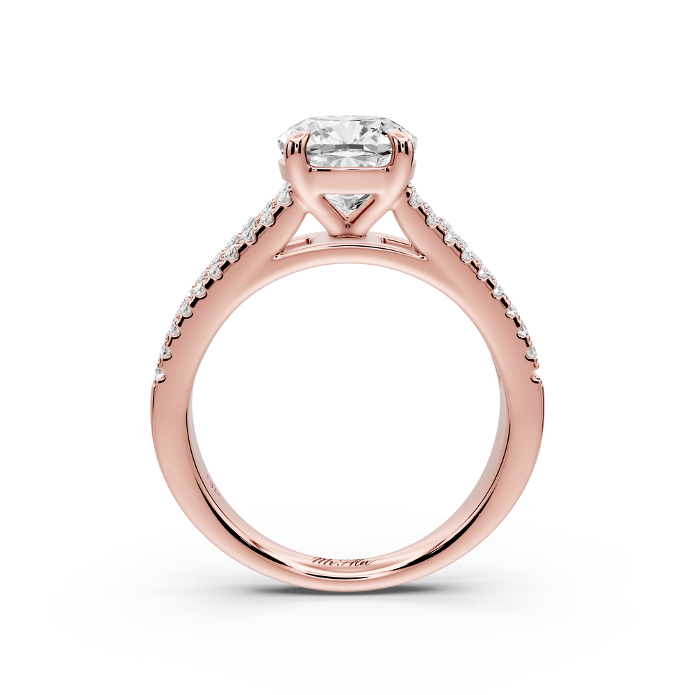 Estelle - 2ct 14k rose gold cushion diamond with emerald and round cut accent stones half band cathedral engagement ring - Mr. Alex Jewelry