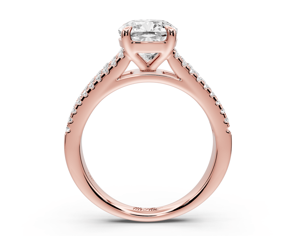 Estelle - 2ct 14k rose gold cushion diamond with emerald and round cut accent stones half band cathedral engagement ring - Mr. Alex Jewelry