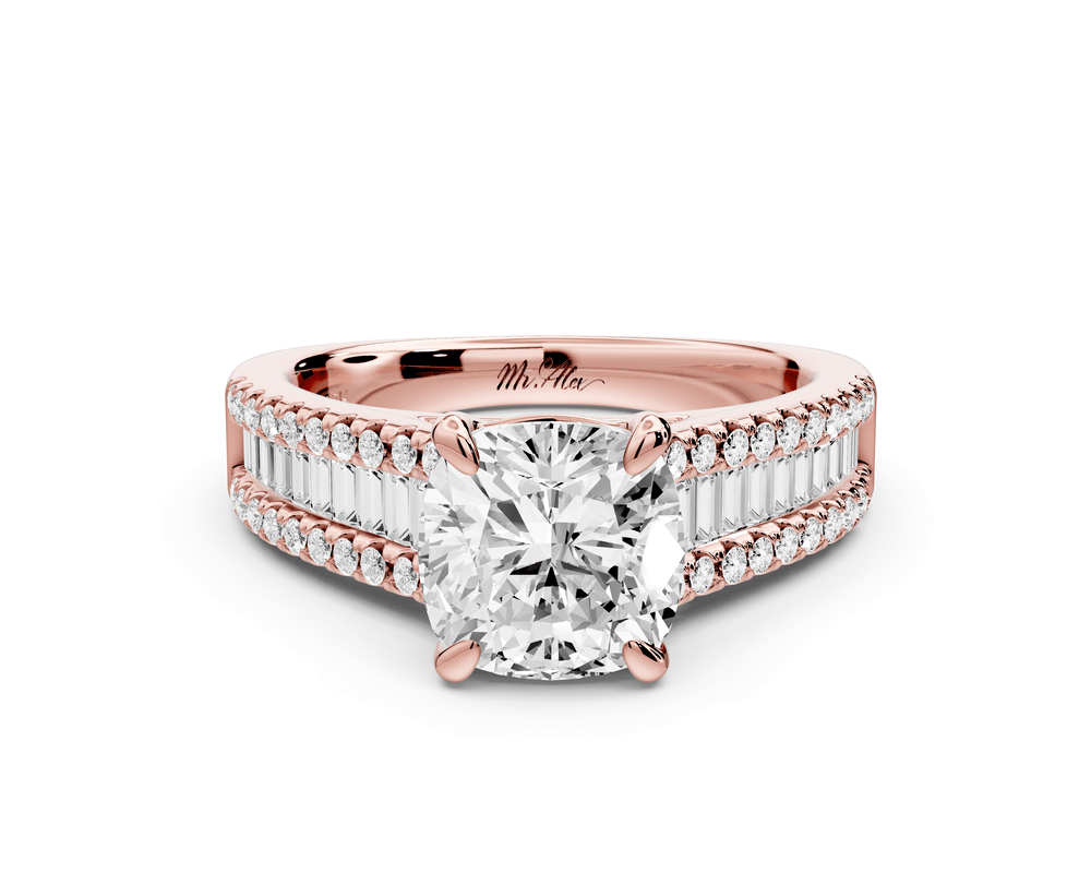 Estelle - 2ct 14k rose gold cushion diamond with emerald and round cut accent stones half band cathedral engagement ring - Mr. Alex Jewelry