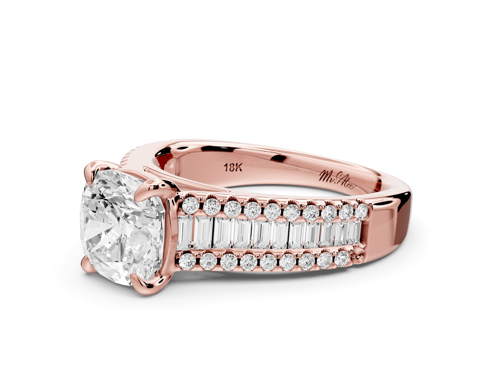 Estelle - 2ct 14k rose gold cushion diamond with emerald and round cut accent stones half band cathedral engagement ring - Mr. Alex Jewelry