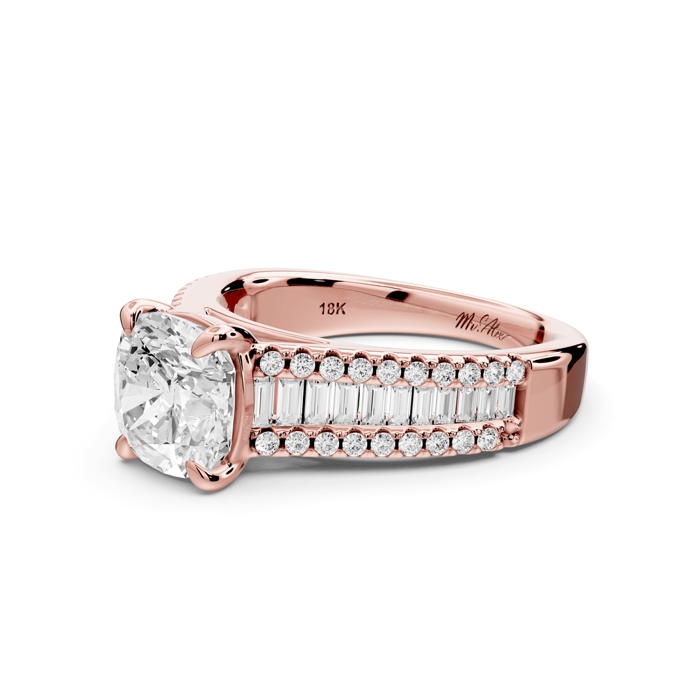 Estelle - 2ct 14k rose gold cushion diamond with emerald and round cut accent stones half band cathedral engagement ring - Mr. Alex Jewelry