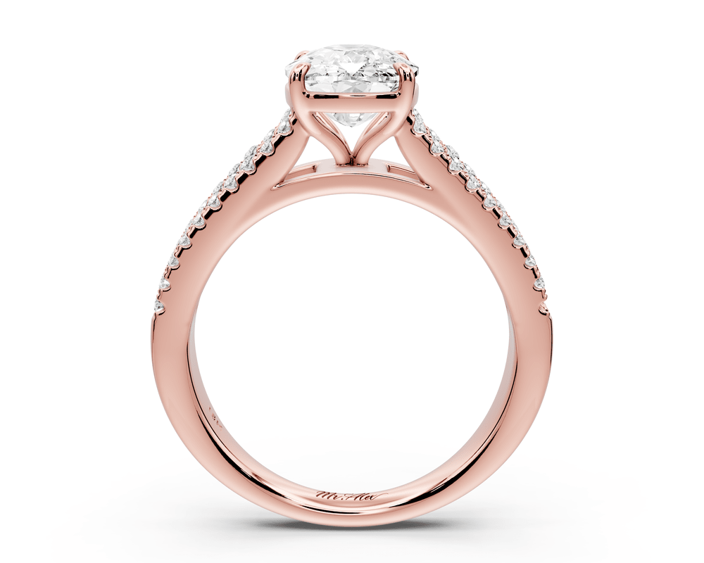 Estelle - 2ct 14k rose gold ecushion diamond with emerald and round cut accent stones half band cathedral engagement ring - Mr. Alex Jewelry