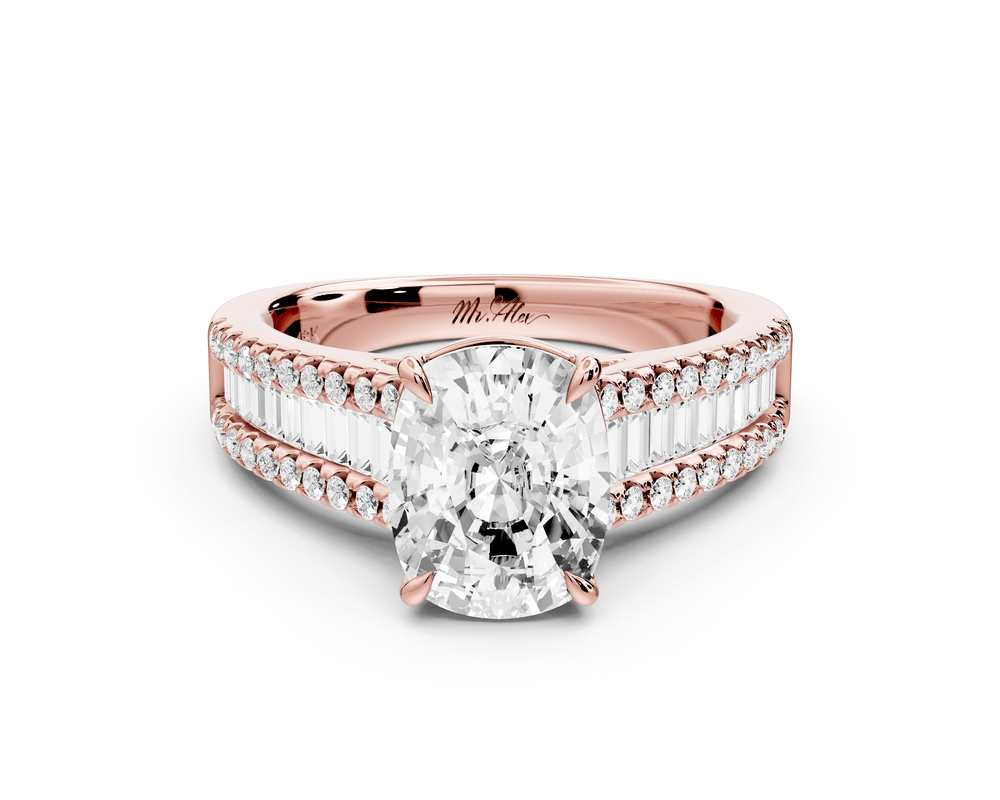 Estelle - 2ct 14k rose gold ecushion diamond with emerald and round cut accent stones half band cathedral engagement ring - Mr. Alex Jewelry