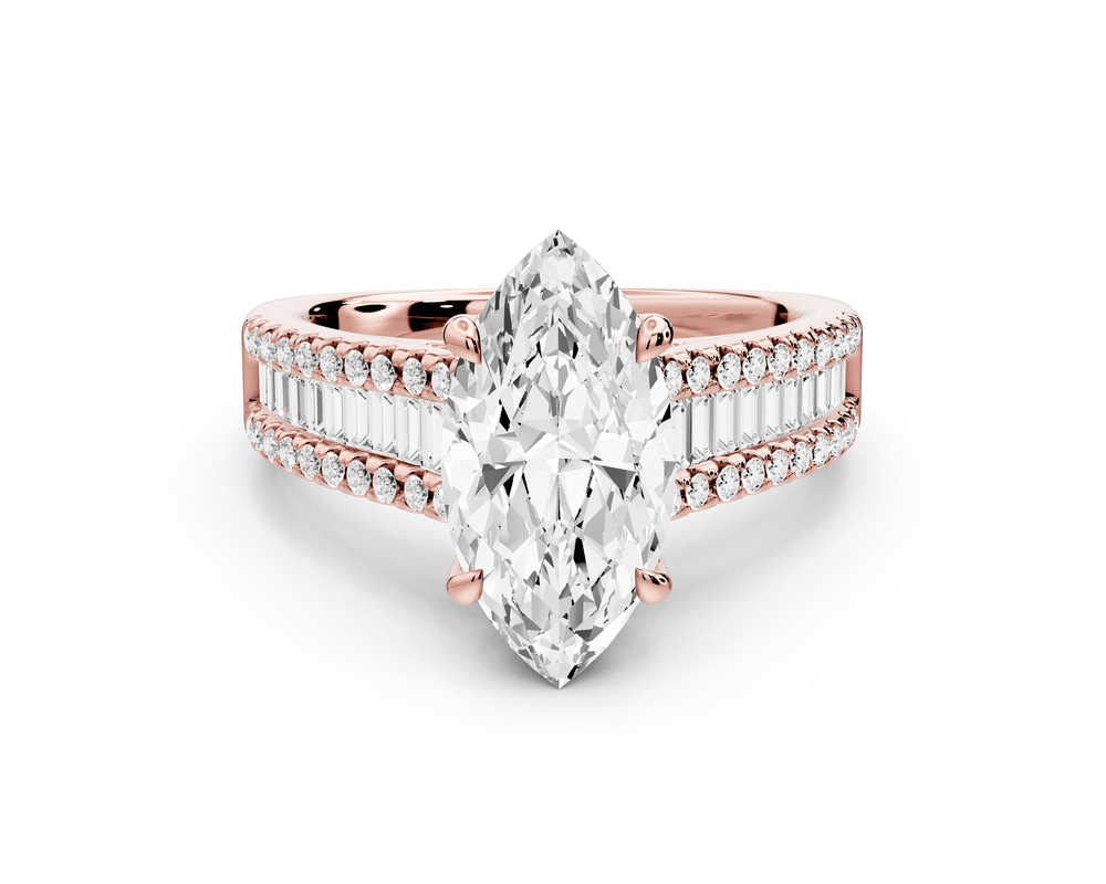 Estelle - 2ct 14k rose gold marquise diamond with emerald and round cut accent stones half band cathedral engagement ring - Mr. Alex Jewelry