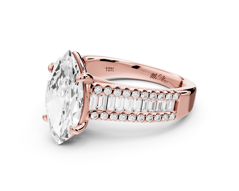 Estelle - 2ct 14k rose gold marquise diamond with emerald and round cut accent stones half band cathedral engagement ring - Mr. Alex Jewelry