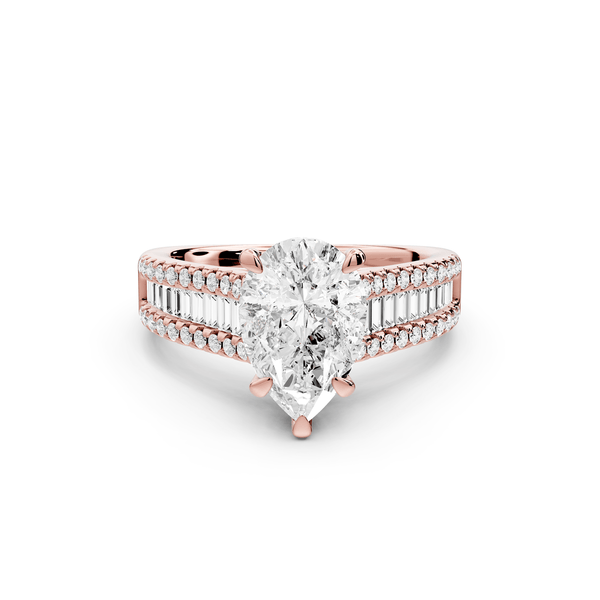Estelle - 2ct 14k rose gold pear diamond with emerald and round cut accent stones half band cathedral engagamengt ring - Mr. Alex Jewelry
