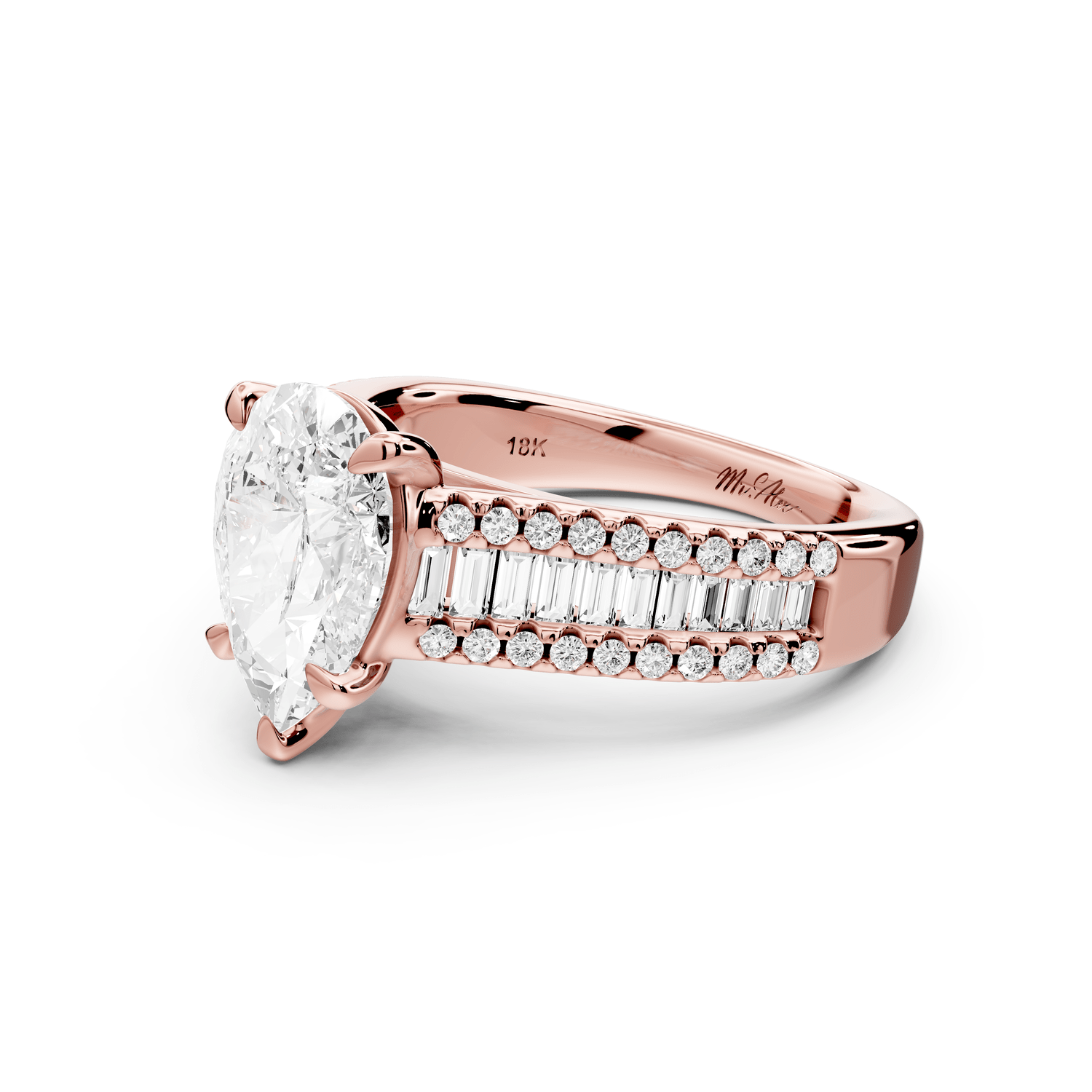 Estelle - 2ct 14k rose gold pear diamond with emerald and round cut accent stones half band cathedral engagamengt ring - Mr. Alex Jewelry