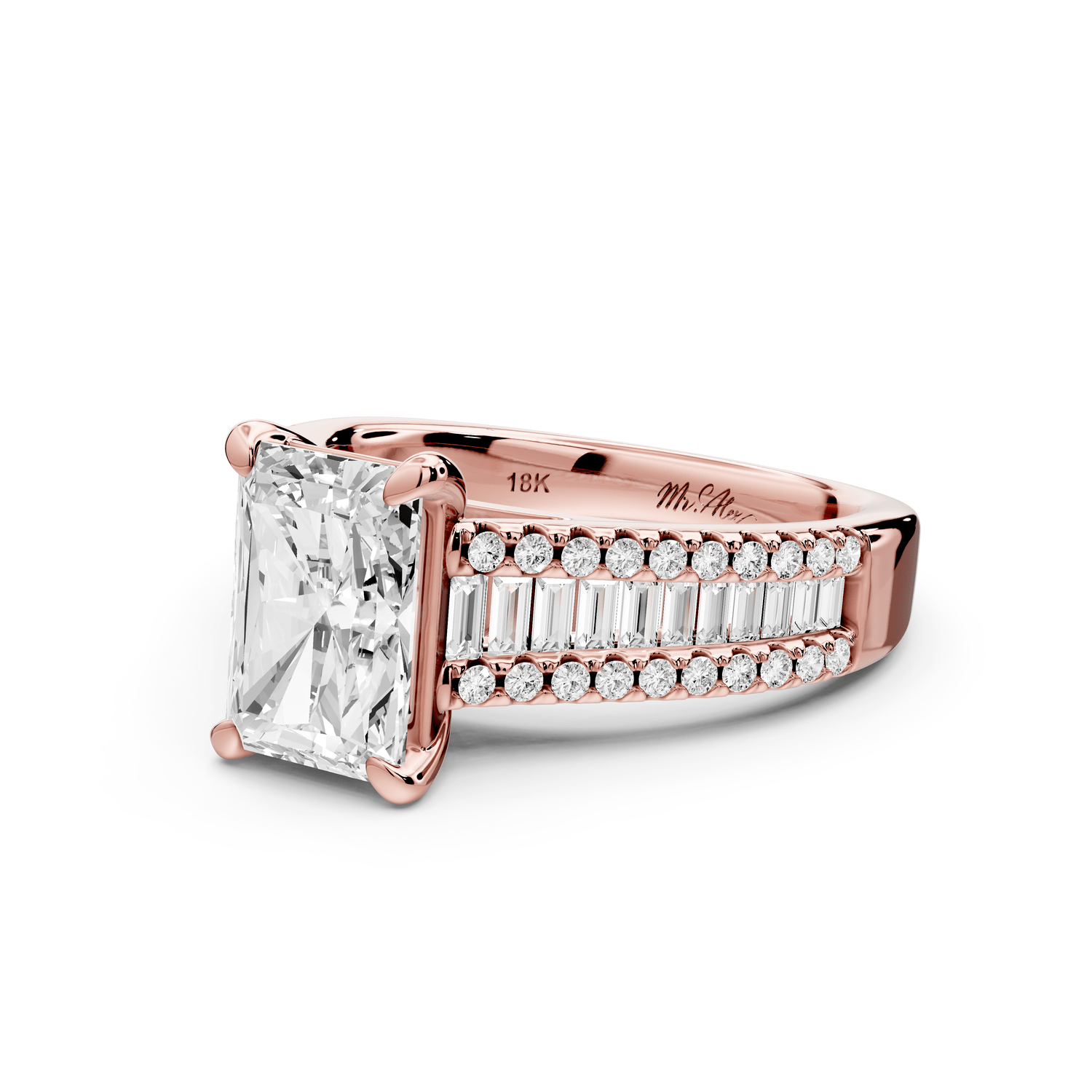 Estelle - 2ct 14k rose gold radiant diamond with emerald and round cut accent stones half band cathedral engagement ring - Mr. Alex Jewelry