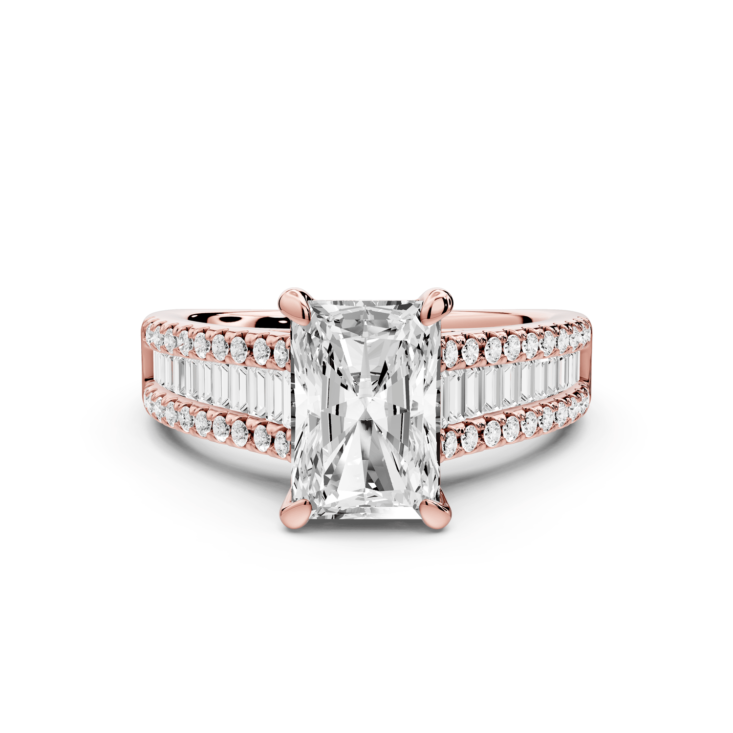 Estelle - 2ct 14k rose gold radiant diamond with emerald and round cut accent stones half band cathedral engagement ring - Mr. Alex Jewelry