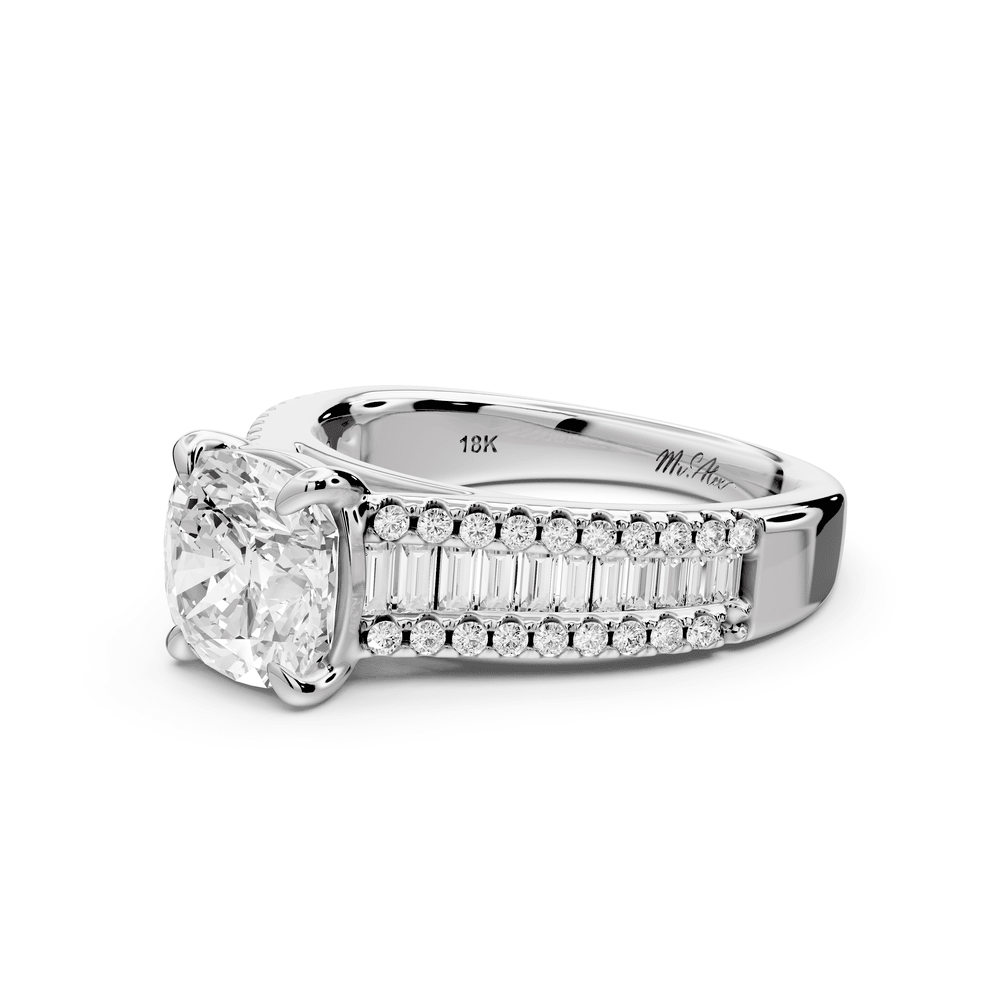Estelle - 2ct 14k white gold cushion diamond with emerald and round cut accent stones half band cathedral engagement ring - Mr. Alex Jewelry