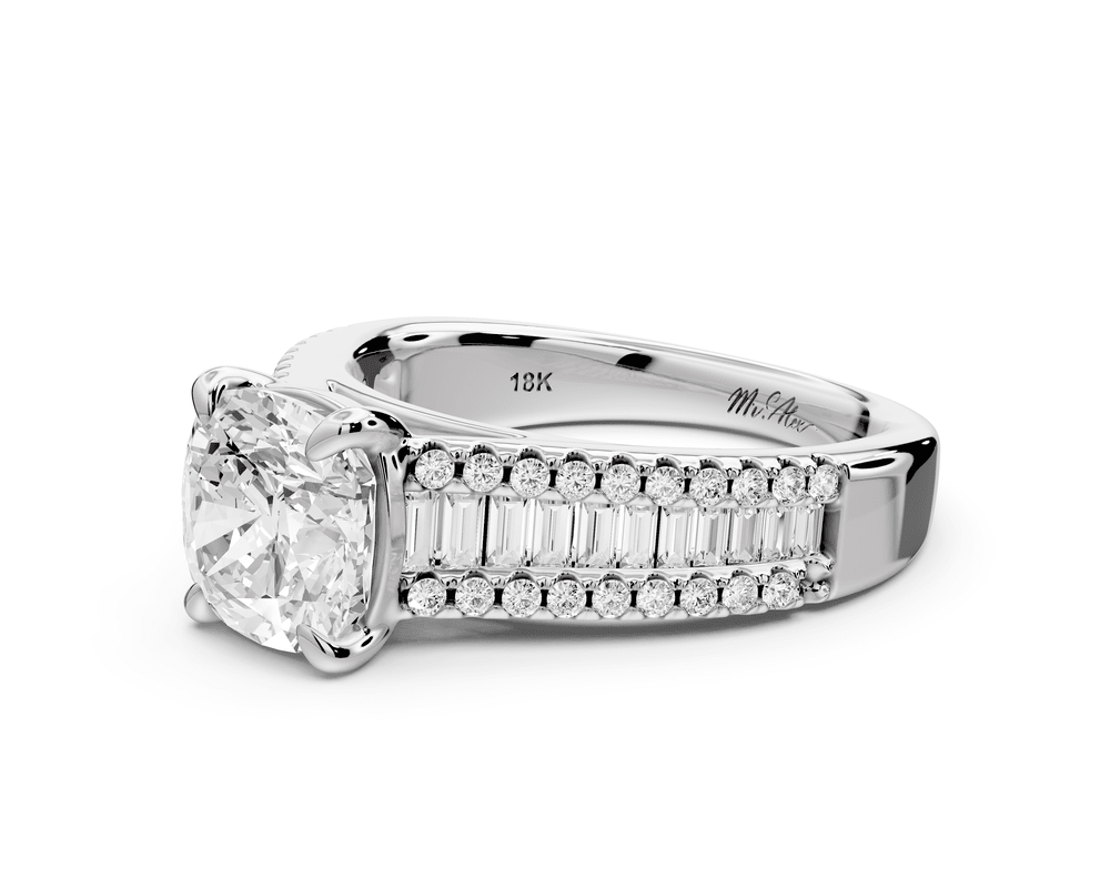 Estelle - 2ct 14k white gold cushion diamond with emerald and round cut accent stones half band cathedral engagement ring - Mr. Alex Jewelry