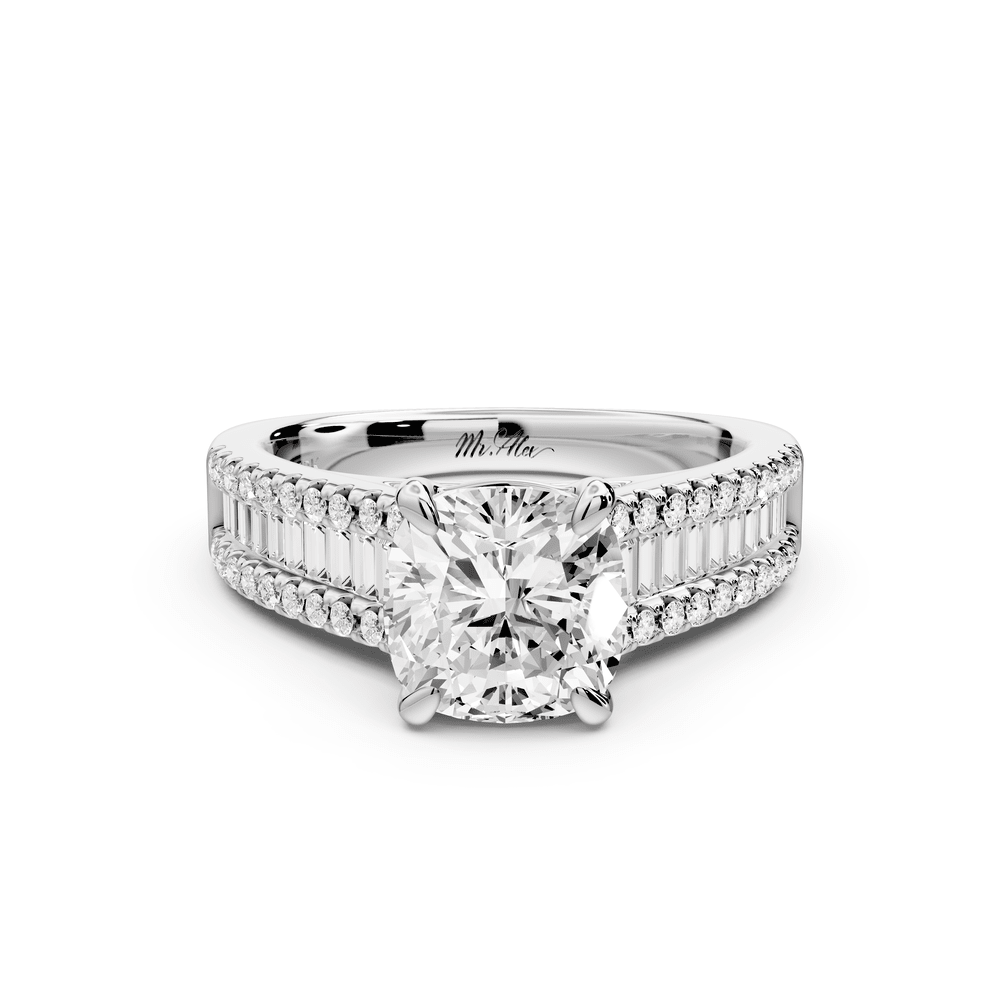 Estelle - 2ct 14k white gold cushion diamond with emerald and round cut accent stones half band cathedral engagement ring - Mr. Alex Jewelry