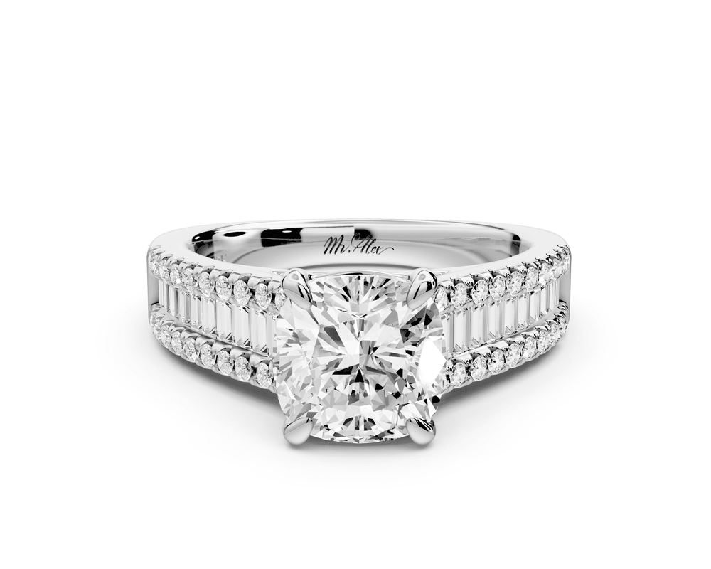 Estelle - 2ct 14k white gold cushion diamond with emerald and round cut accent stones half band cathedral engagement ring - Mr. Alex Jewelry