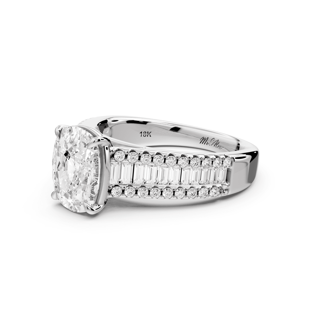 Estelle - 2ct 14k white gold ecushion diamond with emerald and round cut accent stones half band cathedral engagement ring - Mr. Alex Jewelry
