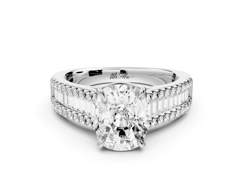Estelle - 2ct 14k white gold ecushion diamond with emerald and round cut accent stones half band cathedral engagement ring - Mr. Alex Jewelry
