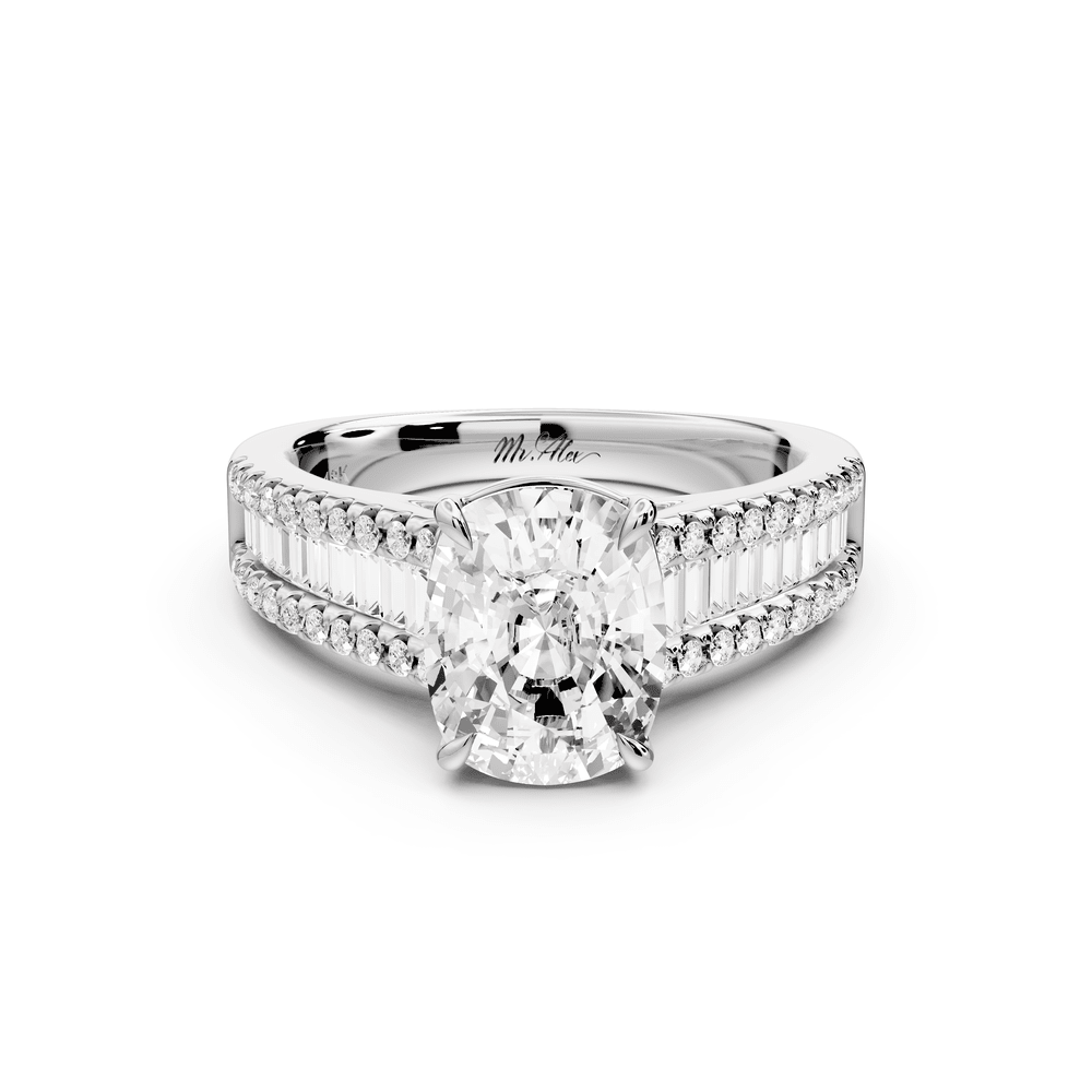 Estelle - 2ct 14k white gold ecushion diamond with emerald and round cut accent stones half band cathedral engagement ring - Mr. Alex Jewelry