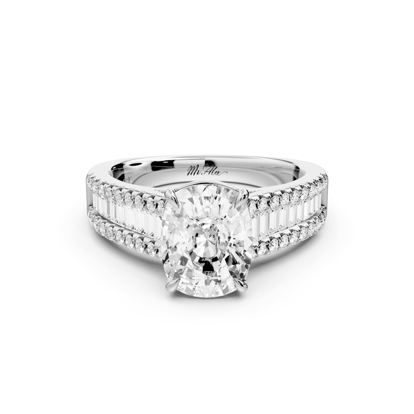 Estelle - 2ct 14k white gold ecushion diamond with emerald and round cut accent stones half band cathedral engagement ring - Mr. Alex Jewelry