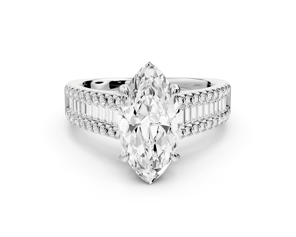 Estelle - 2ct 14k white gold marquise diamond with emerald and round cut accent stones half band cathedral engagement ring - Mr. Alex Jewelry
