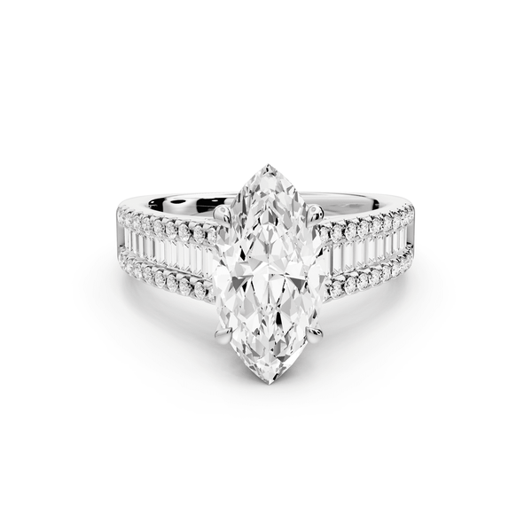 Estelle - 2ct 14k white gold marquise diamond with emerald and round cut accent stones half band cathedral engagement ring - Mr. Alex Jewelry