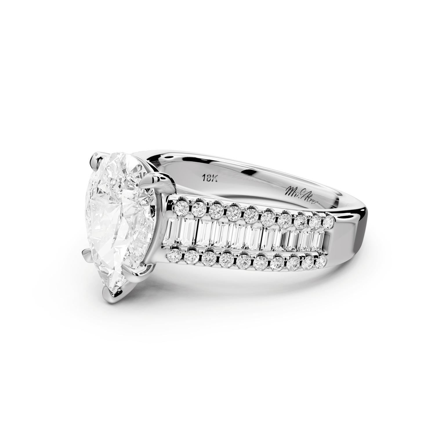 Estelle - 2ct 14k white gold pear diamond with emerald and round cut accent stones half band cathedral engagamengt ring - Mr. Alex Jewelry