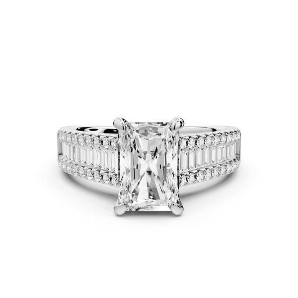 Estelle - 2ct 14k white gold radiant diamond with emerald and round cut accent stones half band cathedral engagement ring - Mr. Alex Jewelry