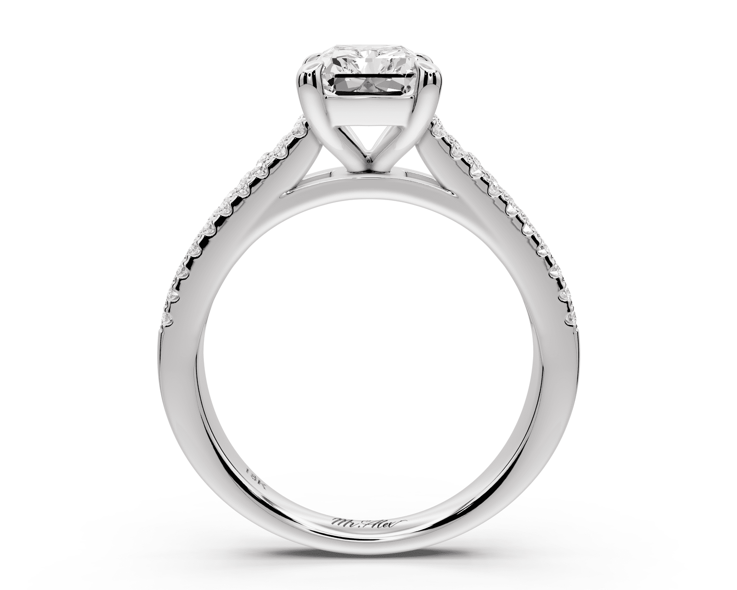 Estelle - 2ct 14k white gold radiant diamond with emerald and round cut accent stones half band cathedral engagement ring - Mr. Alex Jewelry