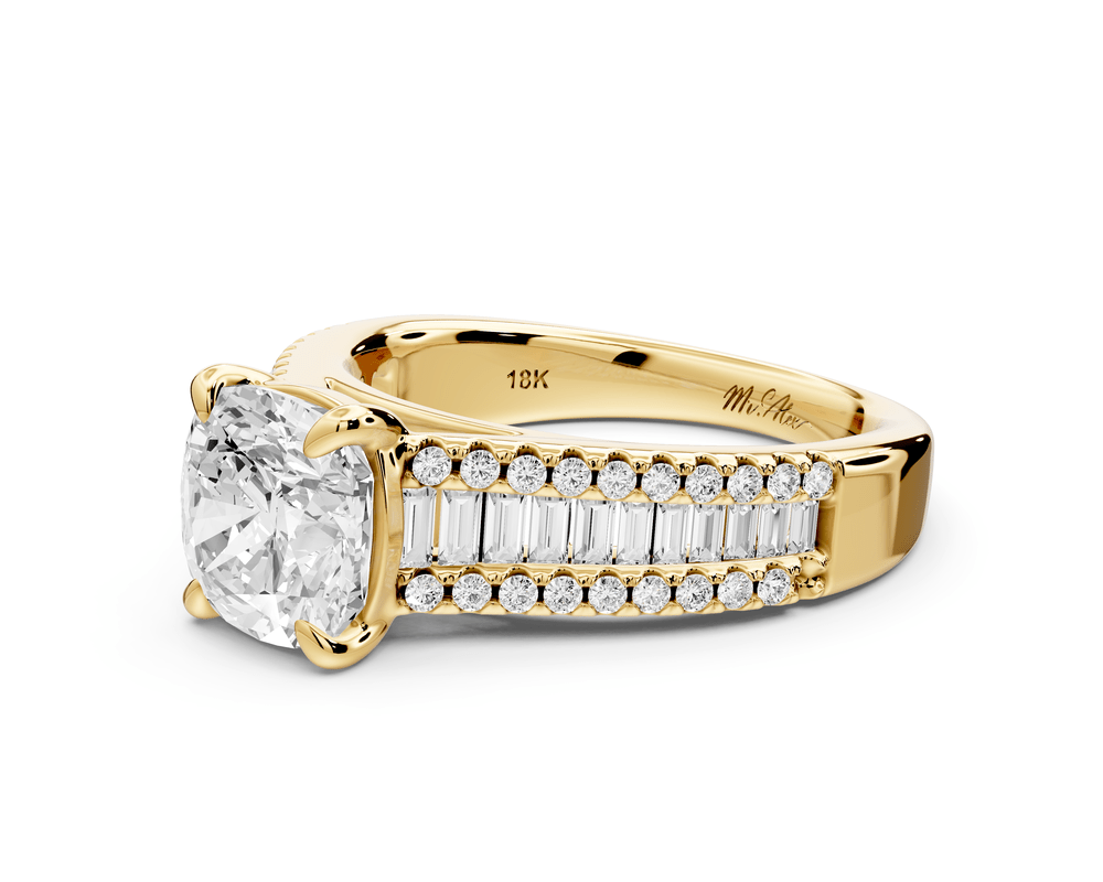 Estelle - 2ct 14k yellow gold cushion diamond with emerald and round cut accent stones half band cathedral engagement ring - Mr. Alex Jewelry