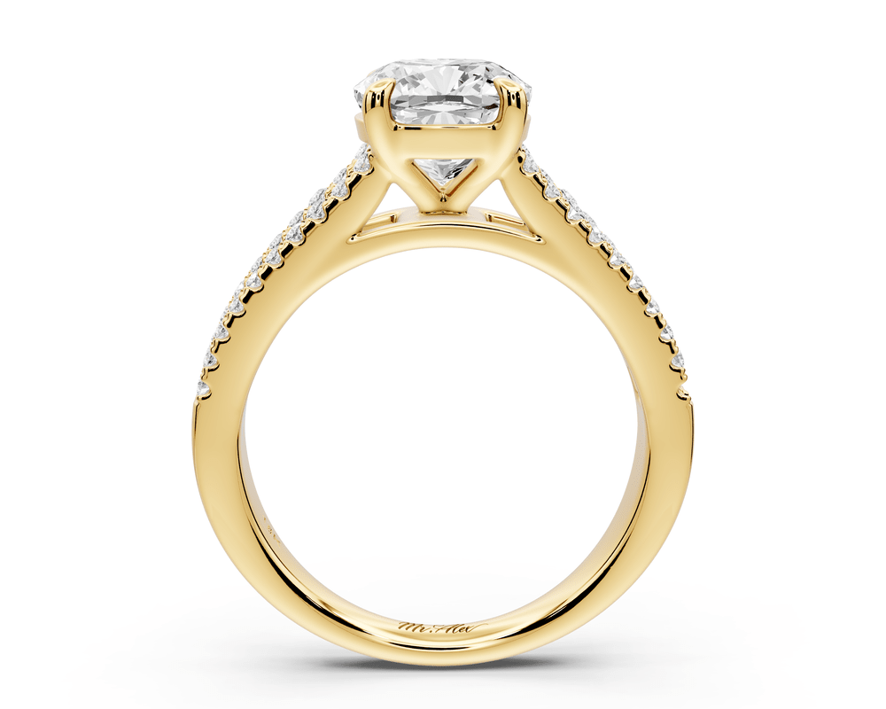 Estelle - 2ct 14k yellow gold cushion diamond with emerald and round cut accent stones half band cathedral engagement ring - Mr. Alex Jewelry