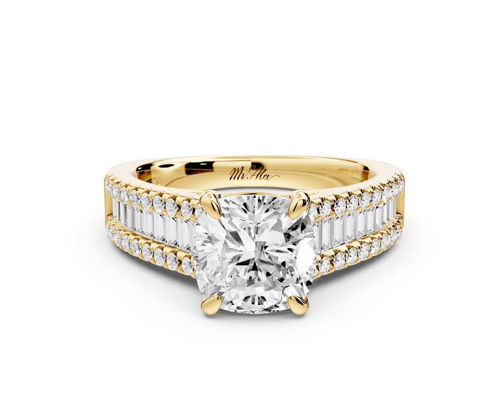 Estelle - 2ct 14k yellow gold cushion diamond with emerald and round cut accent stones half band cathedral engagement ring - Mr. Alex Jewelry