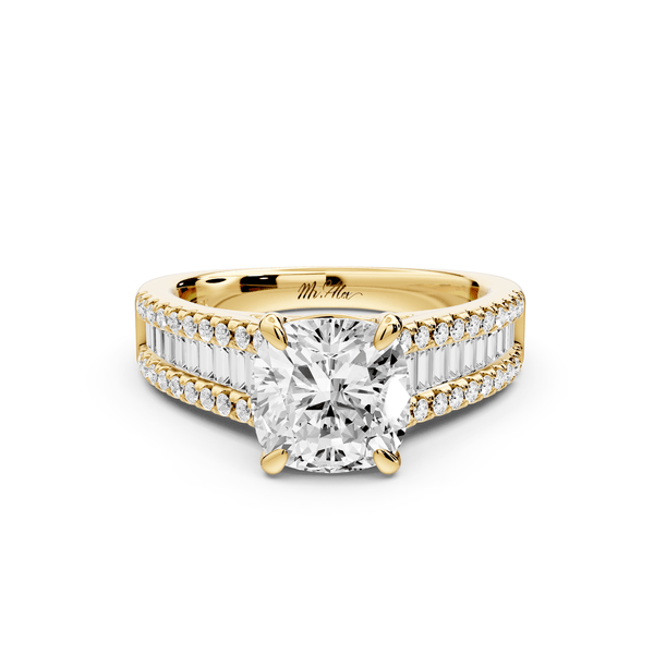 Estelle - 2ct 14k yellow gold cushion diamond with emerald and round cut accent stones half band cathedral engagement ring - Mr. Alex Jewelry