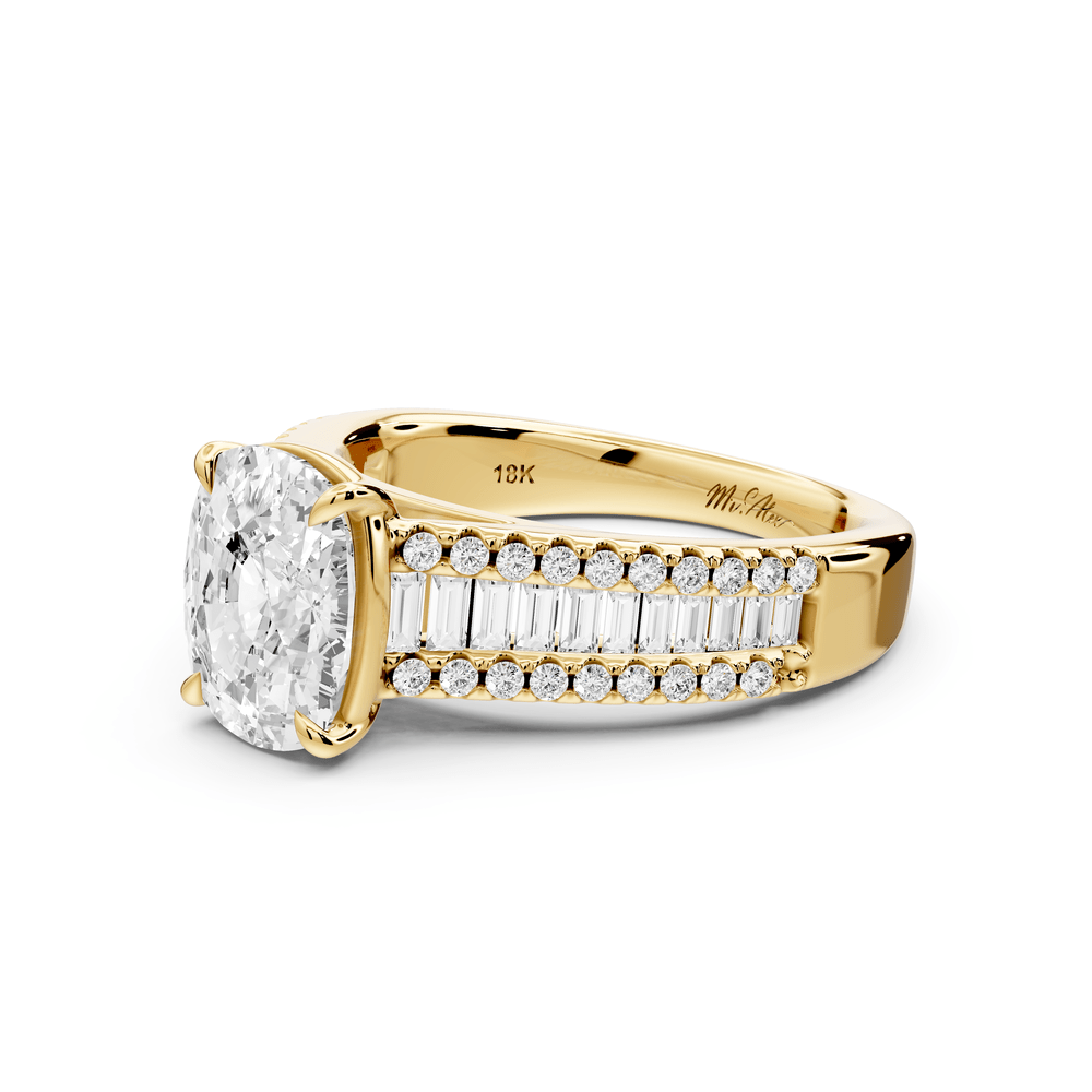 Estelle - 2ct 14k yellow gold ecushion diamond with emerald and round cut accent stones half band cathedral engagement ring - Mr. Alex Jewelry