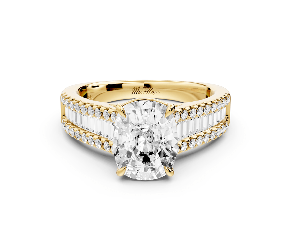 Estelle - 2ct 14k yellow gold ecushion diamond with emerald and round cut accent stones half band cathedral engagement ring - Mr. Alex Jewelry
