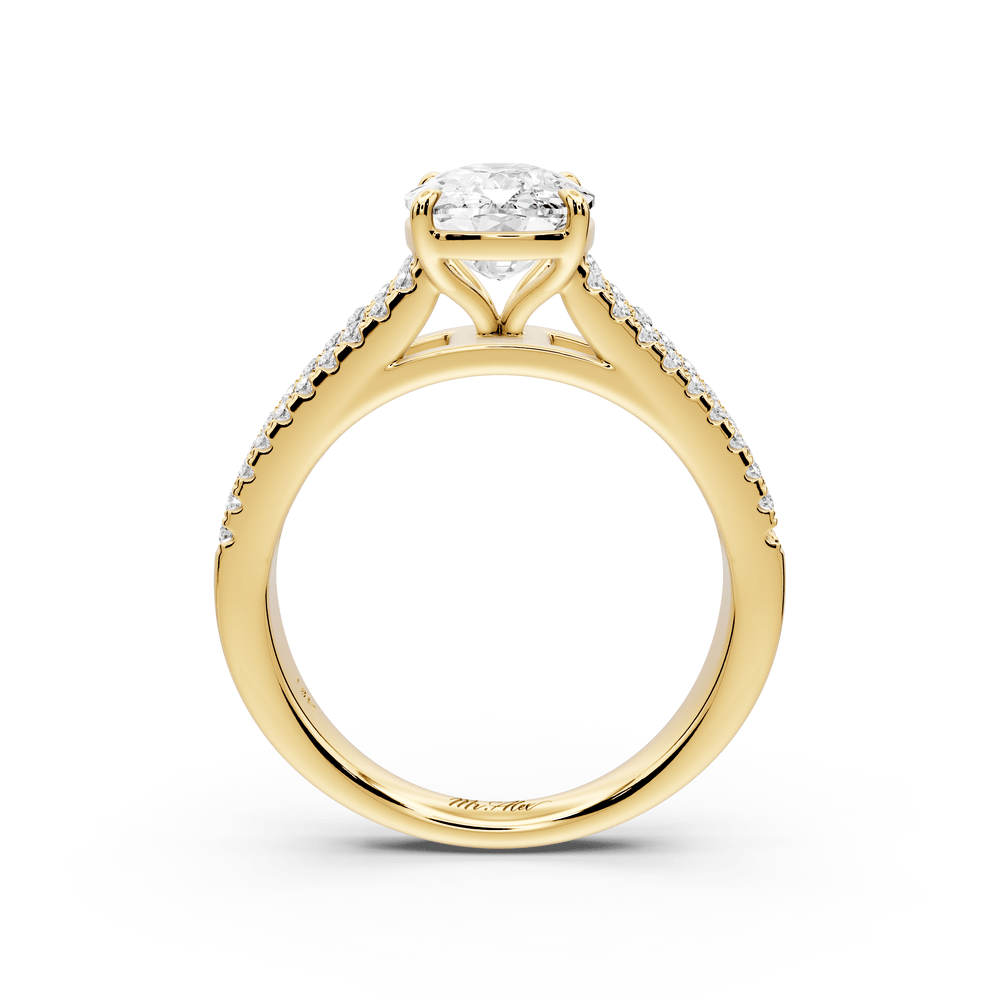 Estelle - 2ct 14k yellow gold ecushion diamond with emerald and round cut accent stones half band cathedral engagement ring - Mr. Alex Jewelry