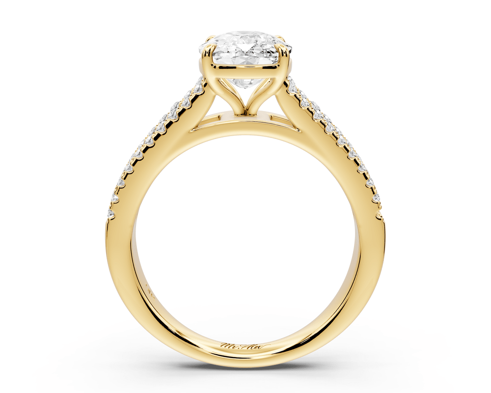 Estelle - 2ct 14k yellow gold ecushion diamond with emerald and round cut accent stones half band cathedral engagement ring - Mr. Alex Jewelry