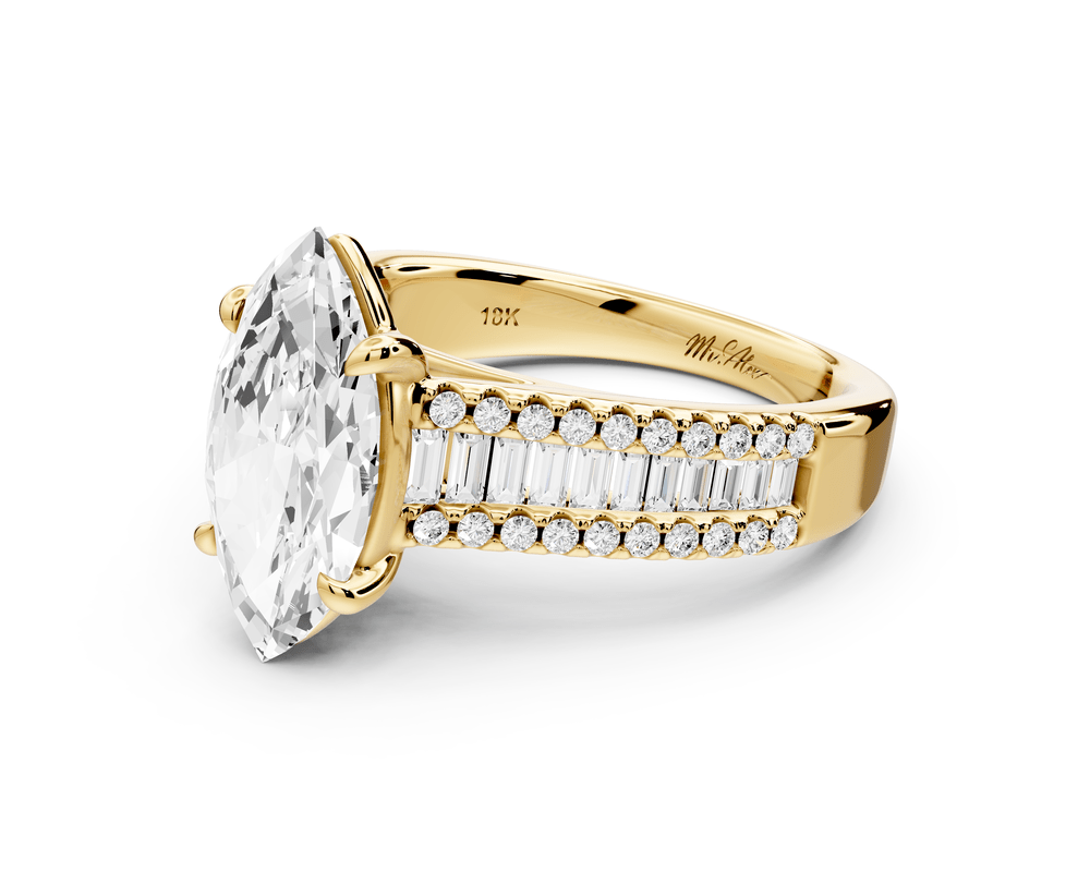 Estelle - 2ct 14k yellow gold marquise diamond with emerald and round cut accent stones half band cathedral engagement ring - Mr. Alex Jewelry