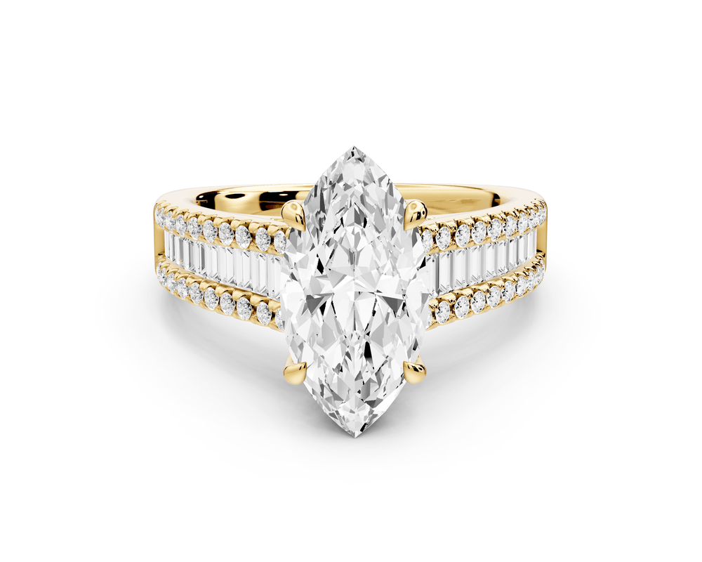 Estelle - 2ct 14k yellow gold marquise diamond with emerald and round cut accent stones half band cathedral engagement ring - Mr. Alex Jewelry