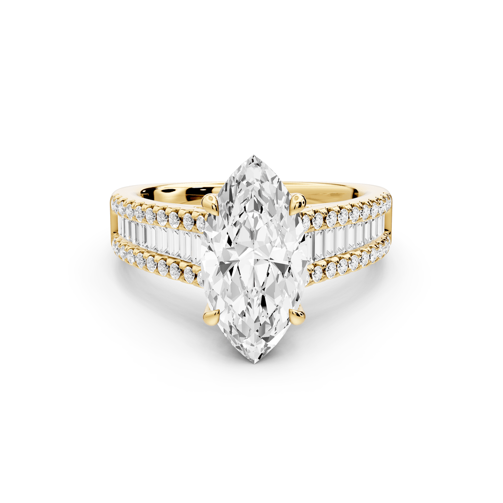 Estelle - 2ct 14k yellow gold marquise diamond with emerald and round cut accent stones half band cathedral engagement ring - Mr. Alex Jewelry