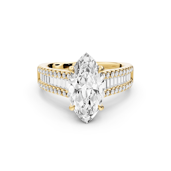 Estelle - 2ct 14k yellow gold marquise diamond with emerald and round cut accent stones half band cathedral engagement ring - Mr. Alex Jewelry