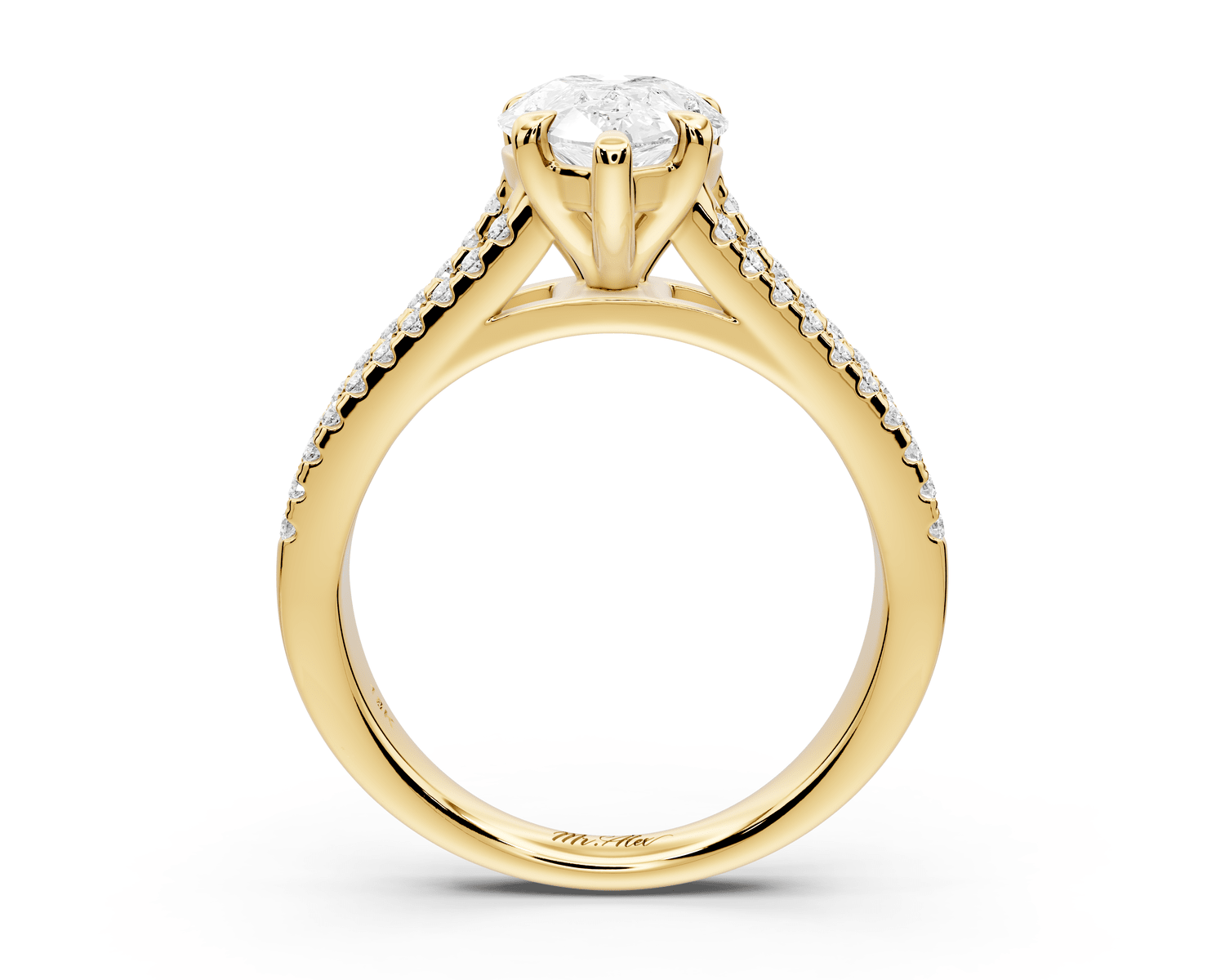 Estelle - 2ct 14k yellow gold pear diamond with emerald and round cut accent stones half band cathedral engagamengt ring - Mr. Alex Jewelry