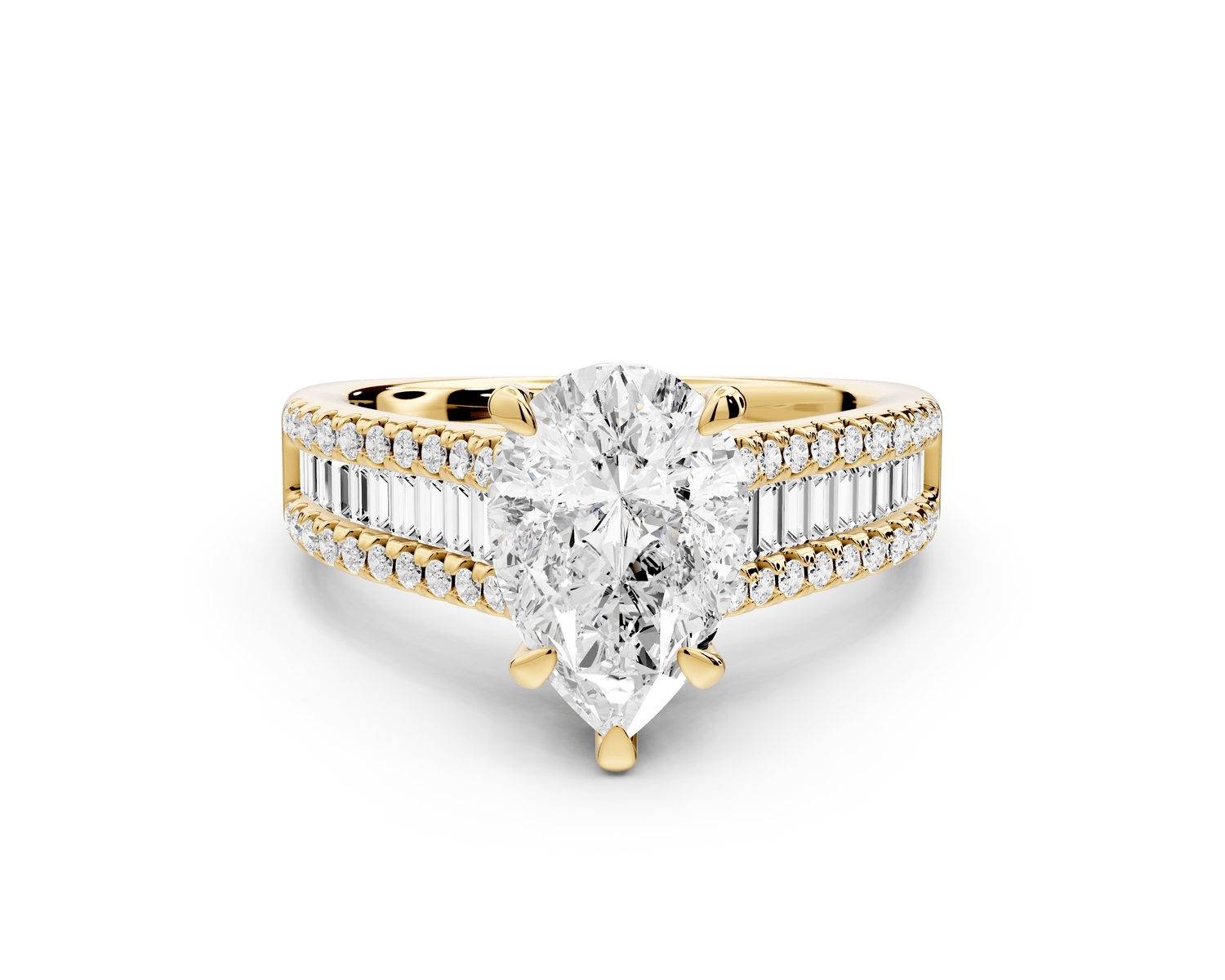 Estelle - 2ct 14k yellow gold pear diamond with emerald and round cut accent stones half band cathedral engagamengt ring - Mr. Alex Jewelry