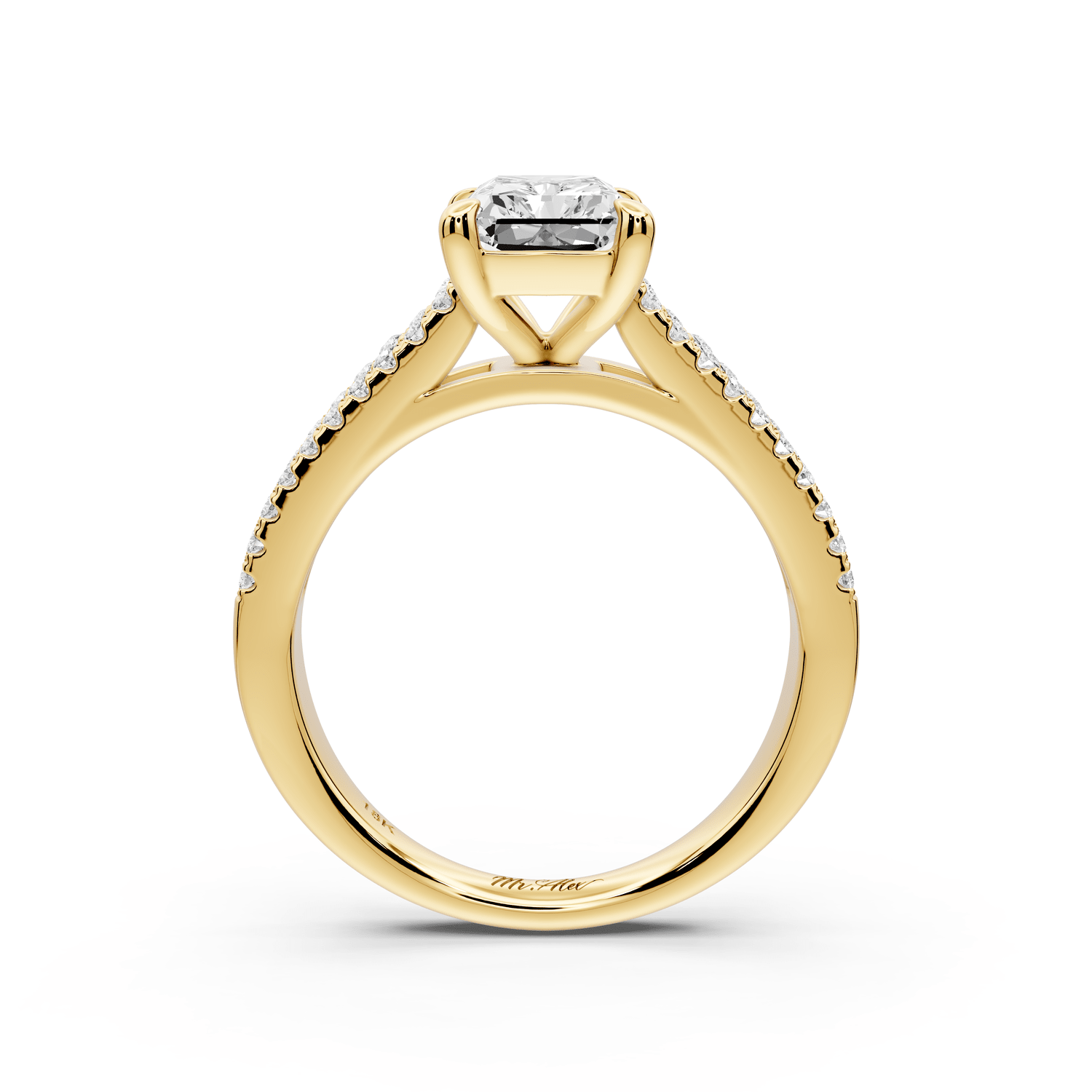 Estelle - 2ct 14k yellow gold radiant diamond with emerald and round cut accent stones half band cathedral engagement ring - Mr. Alex Jewelry