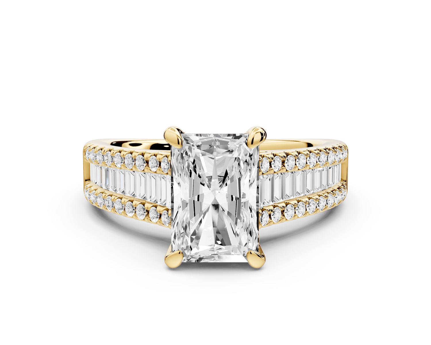 Estelle - 2ct 14k yellow gold radiant diamond with emerald and round cut accent stones half band cathedral engagement ring - Mr. Alex Jewelry